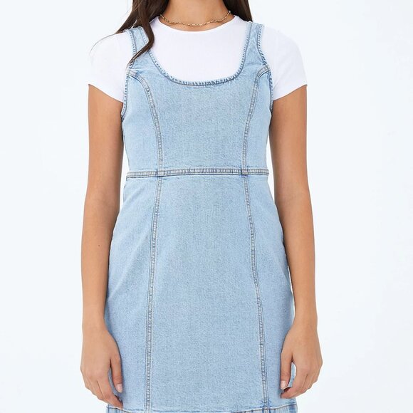 NWT Cotton On Denim Stretch Mini Dress in Mid Wash Size M western indie grunge - Picture 1 of 11